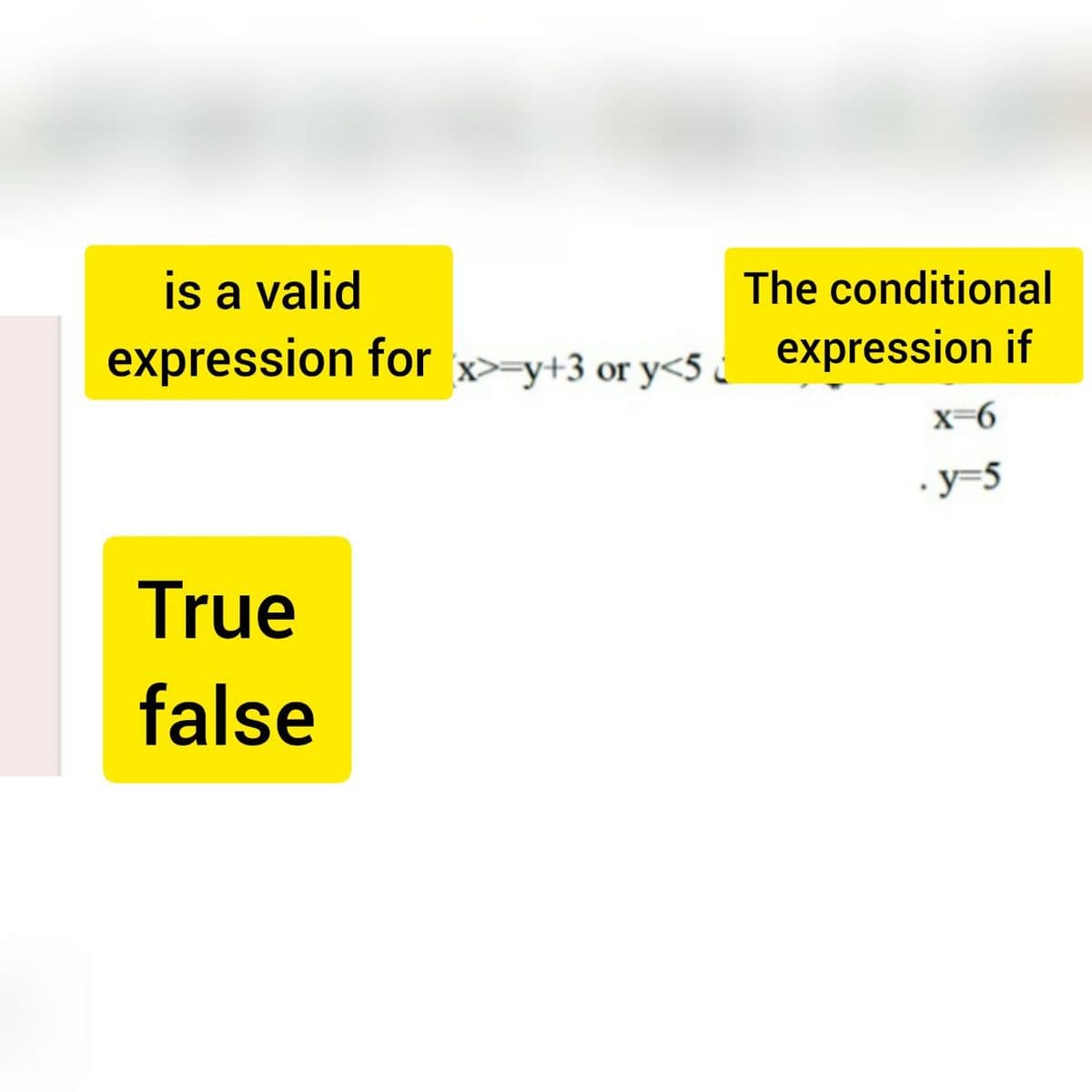 is a valid
The conditional
expression for x>y+3 or y<5 expression if
x=6
· y=5
True
false
