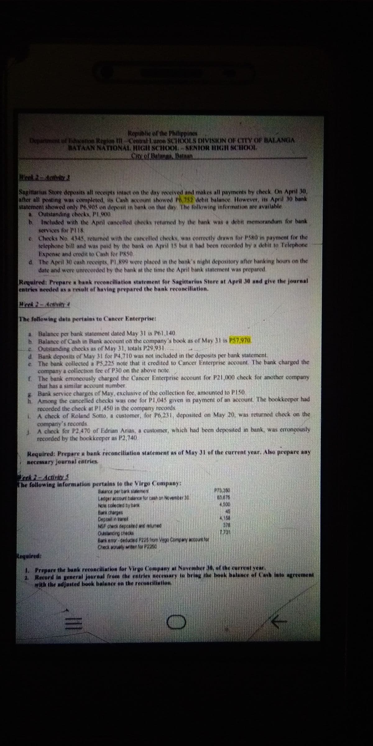 Republie of the Philippines
Depariment of khation Region Im CentralLuron SCHOOLS DIVISION OF CTTY OF BALANGA
NATAAN NATONAL HIGH SCHOOL-SENIOR HIGH SCHOOL
Heek 2-4oblo
Sagitiarius Store deposits all receipts intact on the day received and makes all payments by check On April 30,
after all posting was completed, its Cash account showed P6,752 debit balance. However, its April 30 bank
statement showed only P6,905 on deposit in bank on that day The following information are available
A Outstanding checks, P1,900
b Included with the April cancelled checks returned by the bank was a debit memorandum for bank
services for P118,
e Checks No. 4345, returned with the cancelled checks, was correctly drawn for PSR0 in payment for the
telephone bill and was paid by the bank on April 15 but it had been recorded by a debit to Telephone
Expense and credit to Cash for PS50
d The April 30 cash receipts, Pl,899 were placed in the bank's night depository after hanking hours on the
date and were unrecorded by the bank at the time the April bank statement was prepared.
Required: Prepare a bank reconciliation statement for Sagittarius Store at April 30 and give the journal
entries needed as a resolt of having prepared the bank reconciliation.
Heek 2-4cthvin4
The following data pertains to Cancer Enterprise:
a Balance per bank statement dated May 31 is P61,140.
h Balance of Cash in Bank account on the company's book as of May 31 is P57,970.
C Outstanding checks as of May 31, totals P29,931.
d Bank deposits of May 31 for P4,710 was not included in the deposits per bank statement.
e The bank collected a P5,225 note that it credited to Cancer Enterprise account The bank charged the
company a collection fee of P30 on the above note.
f The bank erroncously charged the Cancer Enterprise account for P21,000 check for another company
that has a similar account number.
g Bank service charges of May, exclusive of the collection fee, amounted to P150.
h. Among the cancelled checks was one for P1,045 given in payment of an account. The bookkeeper had
recorded the check at P1,450 in the company records.
L A check of Roland Sotto, a customer, for P6,231, deposited on May 20, was returned check on the
company's records
J A check for P2,470 of Edrian Arias, a customer, which had been deposited in bank, was eroncously
recorded by the bookkeeper as P2,740
Required: Prepare a bank reconciliation statement as of May 31 of the current year, Also prepare any
necessary journal entries
Lerk 2-Activity5
The following information pertains to the Virgo Company:
P73.350
65,675
4,500
Salarce per bark stalement
Ledger account balance for cash on Novesber 30
Noe colected by bark
Bark charges
Deposit in tranet
NSF check deposied and etuned
Ouslancing checks
Bank enor deduced P225from Vege Company accourt for
Check aorualy witen for P2250
123t
Required:
1 Prepare the bank reconciliation for Virgo Company at November 30, af the currest year.
2. Record in general jouroal from the entries necessary la bring the book balance of Casb lato agreement
with the adjusted book balance on the recuaciliation,
