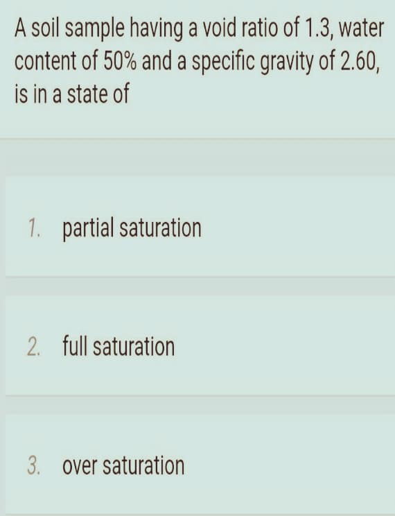 A soil sample having a void ratio of 1.3, water
content of 50% and a specific gravity of 2.60,
is in a state of
1. partial saturation
2. full saturation
3. over saturation
