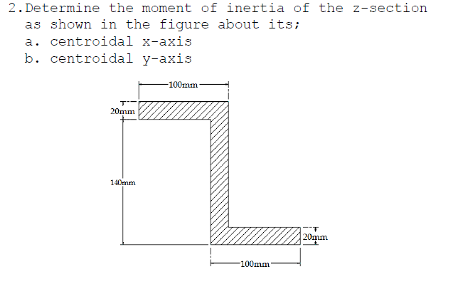 Determine the moment of inertia of the z-section
as shown in the figure about its;
a. centroidal x-axis
b. centroidal y-axis
-100mm-
20mm
140mm
20mm
-100mm
