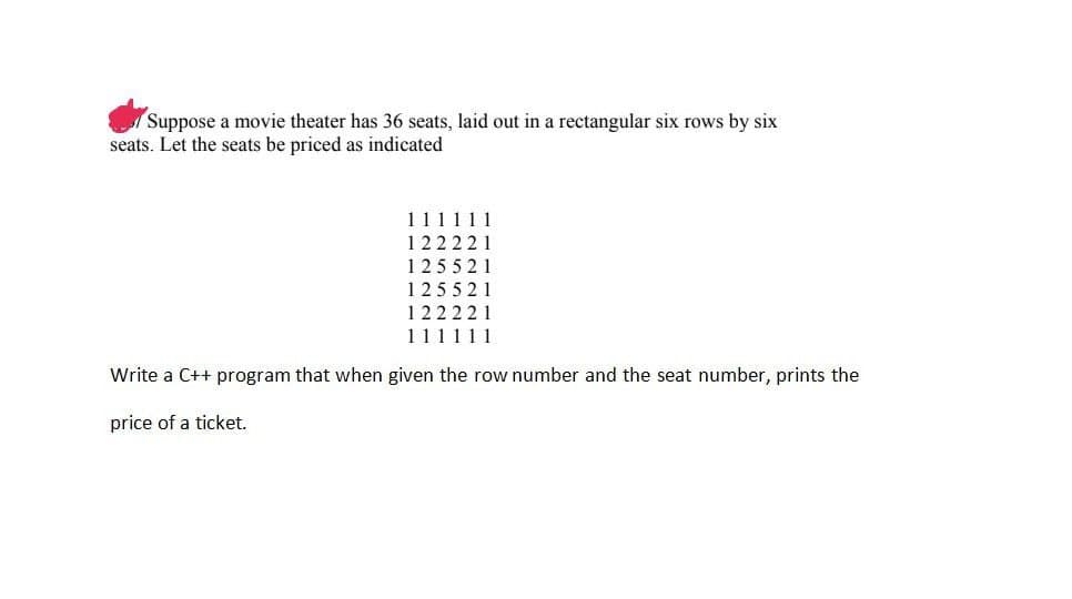 Suppose a movie theater has 36 seats, laid out in a rectangular six rows by six
seats. Let the seats be priced as indicated
122221
125521
125521
122221
111111
Write a C++ program that when given the row number and the seat number, prints the
price of a ticket.
