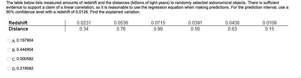 The table below lists measured amounts of redshift and the distances (billions of light-years) to randomly selected astronomical objects. There is sufficient
evidence to support a claim of a linear correlation, so it is reasonable to use the regression equation when making predictions. For the prediction interval, use a
90% confidence level with a redshift of 0.0126. Find the explained variation.
Redshift
Distance
OA, 0.157904
OB. 0.444904
OC. 0.000582
OD. 0.219582
0.0231
0.34
0.0536
0.76
0.0715
0.99
0.0391
0.56
0.0438
0.63
0.0109
0.15