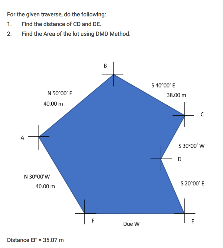 For the given traverse, do the following:
1.
Find the distance of CD and DE.
2.
Find the Area of the lot using DMD Method.
S 40°00' E
N 50°00' E
38.00 m
40.00 m
A
S 30°00' W
D
N 30°00'W
S 20°00' E
40.00 m
F
E
Due W
Distance EF = 35.07 m
B.
