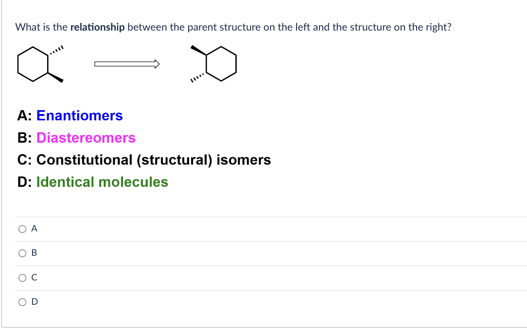 What is the relationship between the parent structure on the left and the structure on the right?
A: Enantiomers
B: Diastereomers
C: Constitutional (structural) isomers
D: Identical molecules
O A
O B
U O