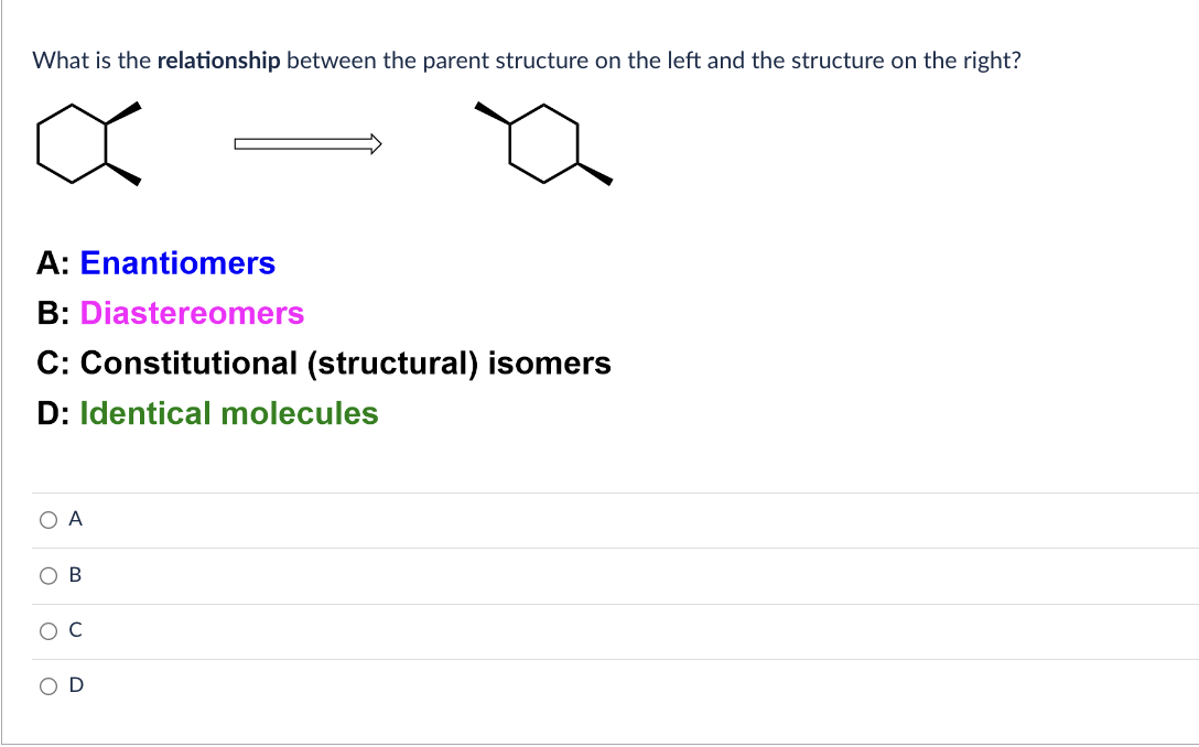 What is the relationship between the parent structure on the left and the structure on the right?
A: Enantiomers
B: Diastereomers
C: Constitutional (structural) isomers
D: Identical molecules
О А
O B
O
C
U