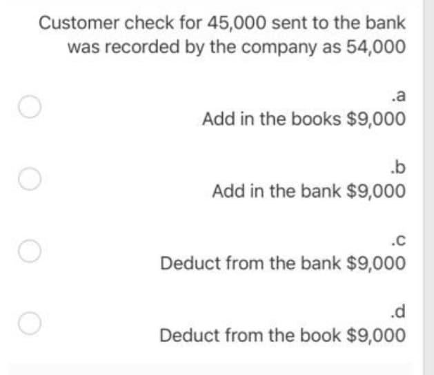 Customer check for 45,000 sent to the bank
was recorded by the company as 54,000
.a
Add in the books $9,000
.b
Add in the bank $9,000
.C
Deduct from the bank $9,000
.d
Deduct from the book $9,000
