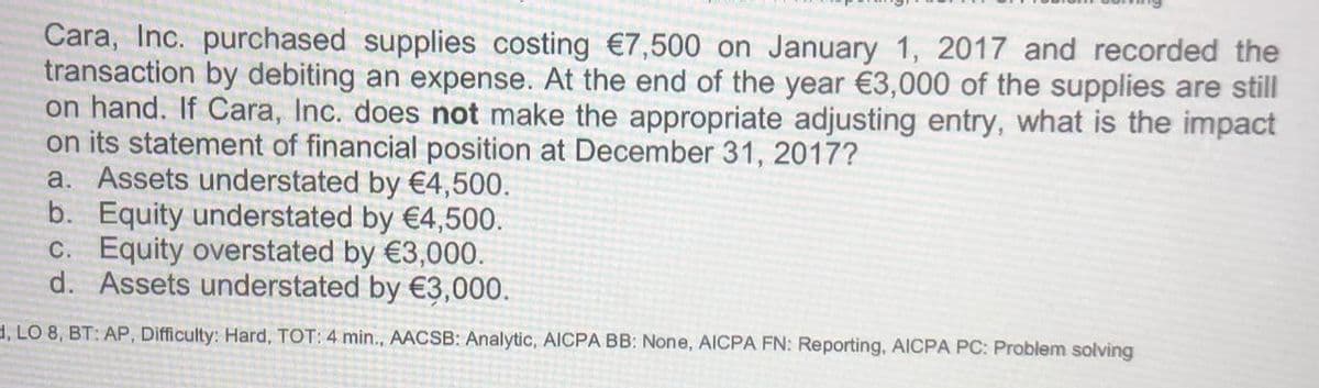 Cara, Inc. purchased supplies costing €7,500 on January 1, 2017 and recorded the
transaction by debiting an expense. At the end of the year €3,000 of the supplies are still
on hand. If Cara, Inc. does not make the appropriate adjusting entry, what is the impact
on its statement of financial position at December 31, 2017?
a. Assets understated by €4,500.
b. Equity understated by €4,500.
C. Equity overstated by €3,000.
d. Assets understated by €3,000.
d, LO 8, BT: AP, Difficulty: Hard, TOT: 4 min., AACSB: Analytic, AICPA BB: None, AICPA FN: Reporting, AICPA PC: Problem solving
