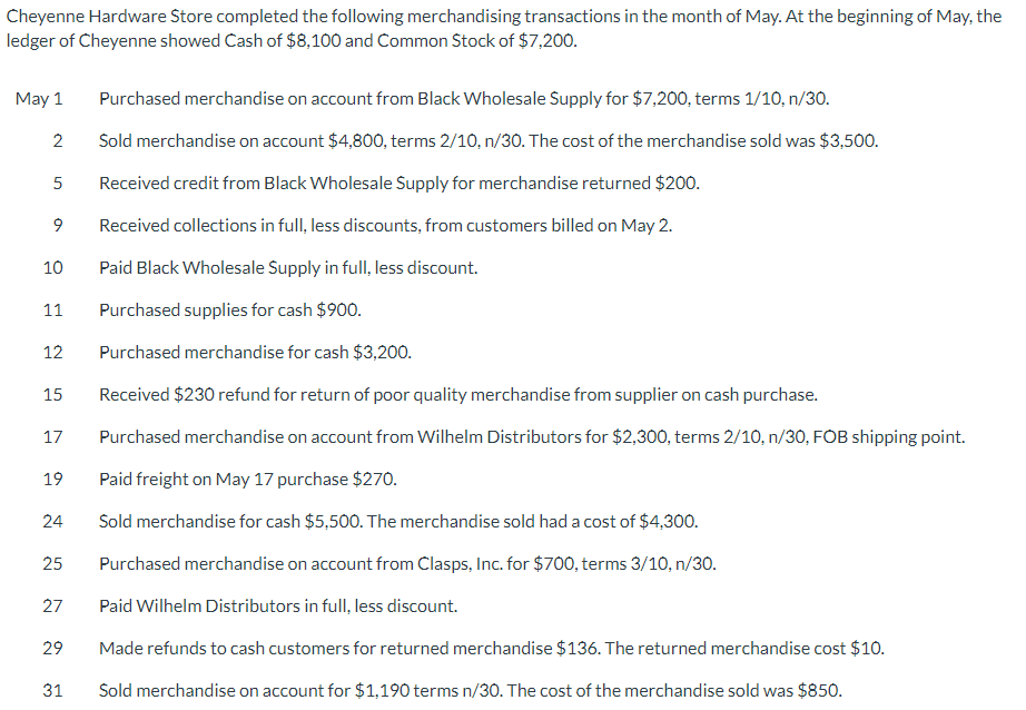 Cheyenne Hardware Store completed the following merchandising transactions in the month of May. At the beginning of May, the
ledger of Cheyenne showed Cash of $8,100 and Common Stock of $7,200.
May 1 Purchased merchandise on account from Black Wholesale Supply for $7,200, terms 1/10, n/30.
Sold merchandise on account $4,800, terms 2/10, n/30. The cost of the merchandise sold was $3,500.
Received credit from Black Wholesale Supply for merchandise returned $200.
Received collections in full, less discounts, from customers billed on May 2.
Paid Black Wholesale Supply in full, less discount.
Purchased supplies for cash $900.
Purchased merchandise for cash $3,200.
Received $230 refund for return of poor quality merchandise from supplier on cash purchase.
Purchased merchandise on account from Wilhelm Distributors for $2,300, terms 2/10, n/30, FOB shipping point.
Paid freight on May 17 purchase $270.
Sold merchandise for cash $5,500. The merchandise sold had a cost of $4,300.
Purchased merchandise on account from Clasps, Inc. for $700, terms 3/10,n/30.
Paid Wilhelm Distributors in full, less discount.
Made refunds to cash customers for returned merchandise $136. The returned merchandise cost $10.
Sold merchandise on account for $1,190 terms n/30. The cost of the merchandise sold was $850.
2
5
9
10
11
12
15
17
19
24
25
27
29
31