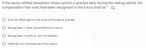 If the equity-settled transaction (share option) is granted early during the vesting period, the
compensation that wold have been recognized in the future shall be *
Shall be offset against the value of the equity granted
Recognized in other comprehensive income
Recognized in profit or loss immediately
Deferred until the exercise of the option
