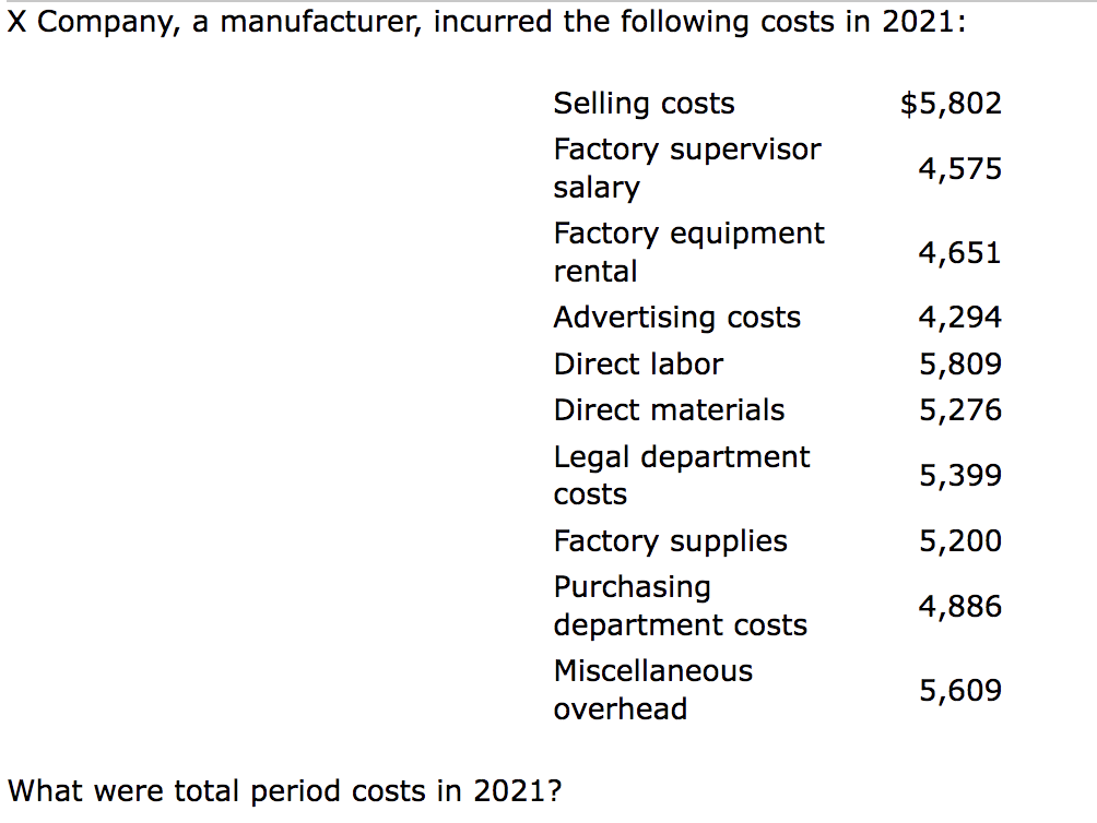 X Company, a manufacturer, incurred the following costs in 2021:
Selling costs
$5,802
Factory supervisor
salary
4,575
Factory equipment
4,651
rental
Advertising costs
4,294
Direct labor
5,809
Direct materials
5,276
Legal department
5,399
costs
Factory supplies
5,200
Purchasing
department costs
4,886
Miscellaneous
5,609
overhead
What were total period costs in 2021?
