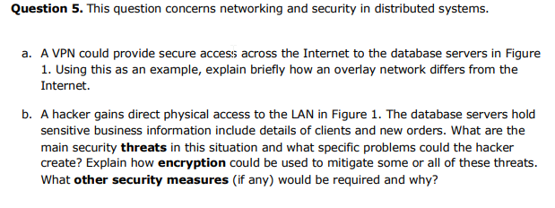 Question 5. This question concerns networking and security in distributed systems.
a. A VPN could provide secure access across the Internet to the database servers in Figure
1. Using this as an example, explain briefly how an overlay network differs from the
Internet.
b. A hacker gains direct physical access to the LAN in Figure 1. The database servers hold
sensitive business information include details of clients and new orders. What are the
main security threats in this situation and what specific problems could the hacker
create? Explain how encryption could be used to mitigate some or all of these threats.
What other security measures (if any) would be required and why?