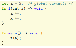 let a = 2; /* global variable */
fn f(int x) -> void {
}
a ++;
x ++;
fn main() -> void {
f(a);
}