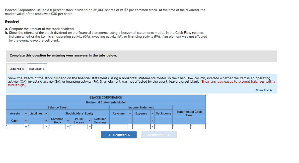 Beacon Corporation issued a 8 percent stock dividend on 35,000 shares of its $7 par common stock. At the time of the dividend, the
market value of the stock was $30 per share.
Required
a. Compute the amount of the stock dividend.
b. Show the effects of the stock dividend on the financial statements using a horizontal statements model. In the Cash Flow column,
indicate whether the item is an operating activity (OA), investing activity (IA), or financing activity (FA). If an element was not affected
by the event, leave the cell blank.
Complete this question by entering your answers in the tabs below.
Required A Required B
Show the effects of the stock dividend on the financial statements using a horizontal statements model. In the Cash Flow column, indicate whether the item is an operating
activity (OA), investing activity (IA), or financing activity (FA). If an element was not affected by the event, leave the cell blank. (Enter any decreases to account balances with a
minus sign.)
Assets = Liabilities
Cash
+
+
Balance Sheet
Common
Stock
BEACON CORPORATION
Horizontal Statements Model
Stockholders' Equity
PIC in
Excess
+
Retained
Earnings
Revenue
Income Statement
< Required A
Expense = Net Income
Required B >
Statement of Cash
Flow
Show less