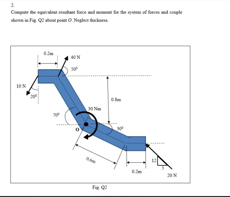 2.
Compute the equivalent resultant force and moment for the system of forces and couple
shown in Fig. Q2 about point O. Neglect thickness.
0.2m
40 N
500
10 N
200
0.8m
30 Nm
700
300
0.6m
12
0.2m
20 N
Fig. Q2
