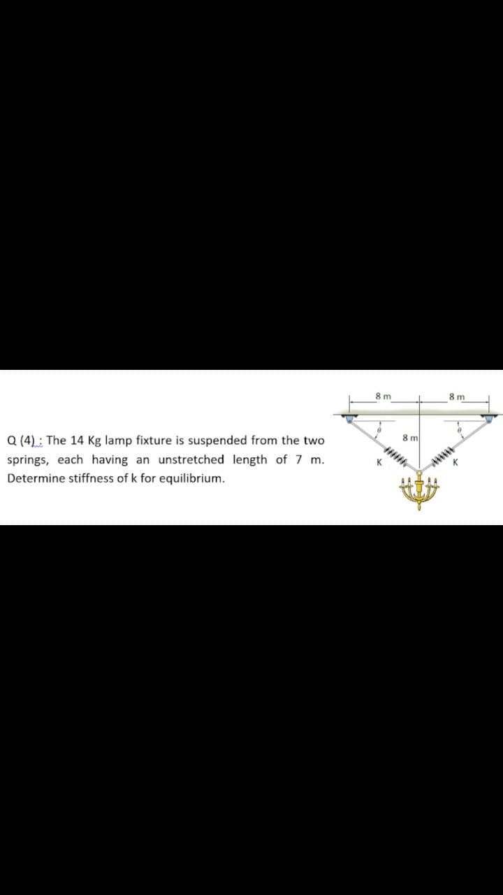 8 m
8 m
Q (4): The 14 Kg lamp fixture is suspended from the two
8 m
springs, each having an unstretched length of 7 m.
Determine stiffness of k for equilibrium.
