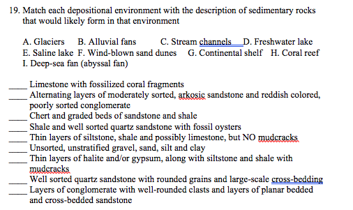 19. Match cach depositional environment with the description of sedimentary rocks
that would likely form in that environment
A. Glaciers B. Alluvial fans
C. Stream channels_D. Freshwater lake
E. Saline lake F. Wind-blown sand dunes G. Continental shelf H. Coral reef
I. Deep-sea fan (abyssal fan)
Limestone with fossilized coral fragments
Alternating layers of moderately sorted, arkosic sandstone and reddish colored,
poorly sorted conglomerate
Chert and graded beds of sandstone and shale
Shale and well sorted quartz sandstone with fossil oysters
Thin layers of siltstone, shale and possibly limestone, but NO mudcracks
Unsorted, unstratified gravel, sand, silt and clay
Thin layers of halite and/or gypsum, along with siltstone and shale with
muderacks
Well sorted quartz sandstone with rounded grains and large-scale cross-bedding
Layers of conglomerate with well-rounded clasts and layers of planar bedded
and cross-bedded sandstone
