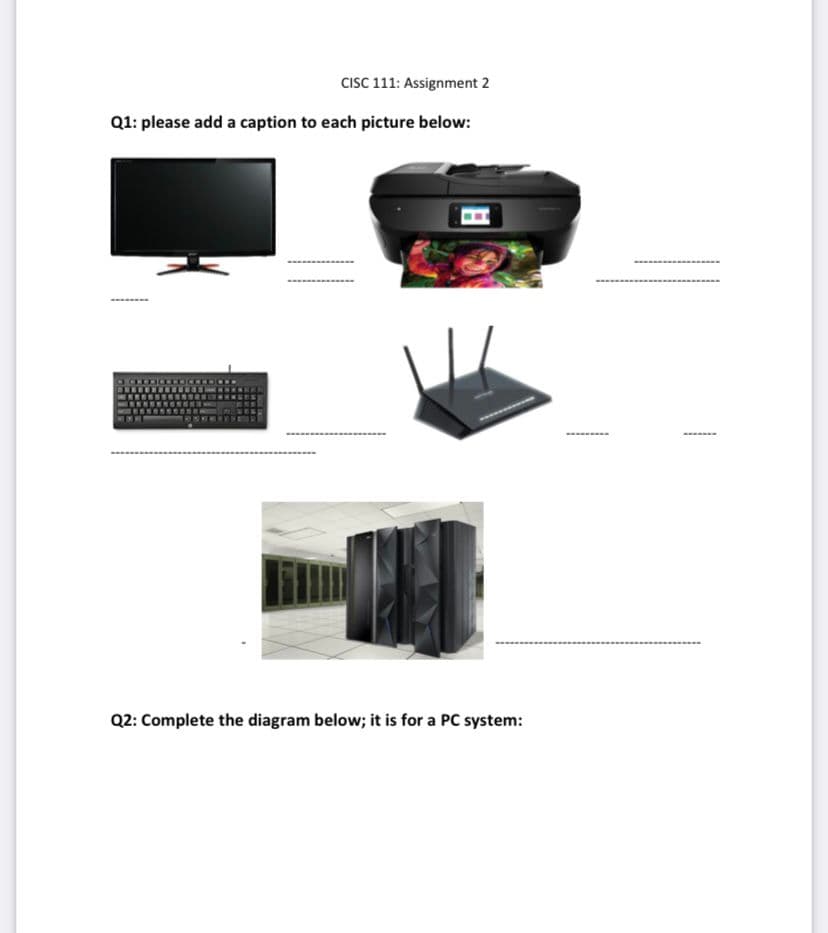 CISC 111: Assignment 2
Q1: please add a caption to each picture below:
Q2: Complete the diagram below; it is for a PC system: