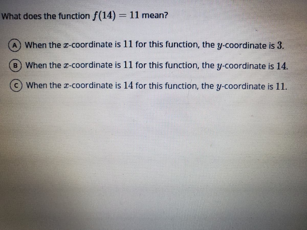 What does the function f(14) = 11 mean?
%3D
When the a-coordinate is 11 for this function, the y-coordinate is 3.
B When the -coordinate is 11 for this function, the y-coordinate is 14.
When the x-coordinate is 14 for this function, the y-coordinate is 11.
