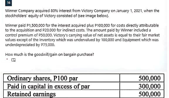 16
Winner Company acquired 80% interest from Victory Company on January 1, 2021, when the
stockholders' equity of Victory consisted of (see image below).
Winner paid P1,500,000 for the interest acquired plus P100,000 for costs directly attributable
to the acquisition and P20,000 for indirect costs. The amount paid by Winner included a
control premium of P50,000. Victory's carrying value of net assets is equal to their fair market
values except of the Inventory which was undervalued by 100,000 and Equipment which was
underdepreciated by P75,000.
How much is the goodwill/gain on bargain purchase?
Ordinary shares, P100 par
Paid in capital in excess of par
Retained earnings
500,000
300,000
500,000
