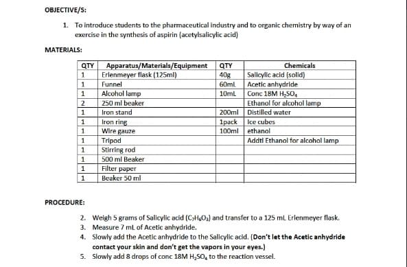 OBJECTIVE/S:
1. To introduce students to the pharmaceutical industry and to organic chemistry by way of an
exercise in the synthesis of aspirin (acetylsalicylic acid)
MATERIALS:
QTY
1
1
1
2
1
1
1
1
1
1
1
1
PROCEDURE:
Apparatus/Materials/Equipment
Erlenmeyer flask (125ml)
Funnel
Alcohol lamp
250 ml beaker
Iron stand
Iron ring
Wire gauze
Tripod
Stirring rod
500 ml Beaker
Filter paper
Beaker 50 ml
QTY
40g
60ml
10mL
200ml
1pack
100ml
Chemicals
Salicylic acid (solid)
Acetic anhydride
Conc 18M H₂SO₂
Ethanol for alcohol lamp
Distilled water
Ice cubes
ethanol
Addtl Ethanol for alcohol lamp
2. Weigh 5 grams of Salicylic acid (C-H503) and transfer to a 125 mL Erlenmeyer flask.
Measure 7 mL of Acetic anhydride.
3.
4.
Slowly add the Acetic anhydride to the Salicylic acid. (Don't let the Acetic anhydride
contact your skin and don't get the vapors in your eyes.)
5. Slowly add 8 drops of conc 18M H₂SO4 to the reaction vessel.