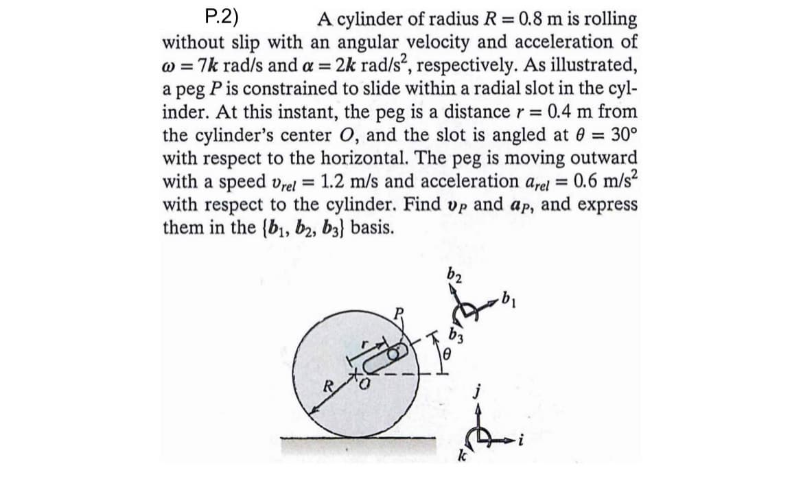 P.2)
A cylinder of radius R = 0.8 m is rolling
without slip with an angular velocity and acceleration of
w = 7k rad/s and a = 2k rad/s², respectively. As illustrated,
a peg P is constrained to slide within a radial slot in the cyl-
inder. At this instant, the peg is a distance r = 0.4 m from
the cylinder's center O, and the slot is angled at 0 = 30°
with respect to the horizontal. The peg is moving outward
with a speed Vrel 1.2 m/s and acceleration arel = 0.6 m/s²
with respect to the cylinder. Find up and ap, and express
them in the {b₁,b2, b3} basis.
b