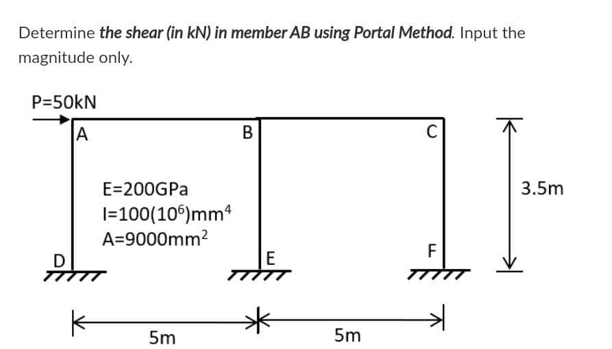 Determine the shear (in kN) in member AB using Portal Method. Input the
magnitude only.
P=50KN
В
C
E=200GPA
3.5m
I=100(10°)mm4
A=9000mm2
F
E
5m
5m
