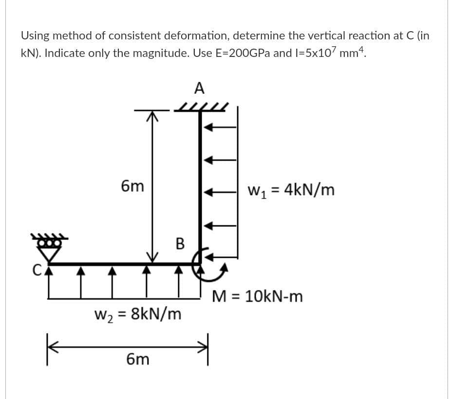 Using method of consistent deformation, determine the vertical reaction at C (in
kN). Indicate only the magnitude. Use E=200GPA and l=5x107 mm4.
A
6m
W1 = 4kN/m
В
CA
M = 10kN-m
W2 = 8kN/m
%3D
6m
