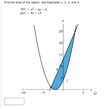 Find the area of the region. See Examples 1, 2, 3, and 4.
f(x) - x2 + 4x + 4
= 4x + 13
%3D
g(x)
y
25
20
15
-10
-5
