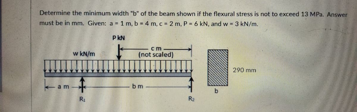 Determine the minimum width "b" of the beam shown if the flexural stress is not to exceed 13 MPa. Answer
must be in mm. Given: a = 1 m, b = 4 m, c = 2 m, P = 6 kN, and w 3 kN/m.
P kN
w kN/m
c m
(not scaled)
290 mm
+am
b m
R:
R2
