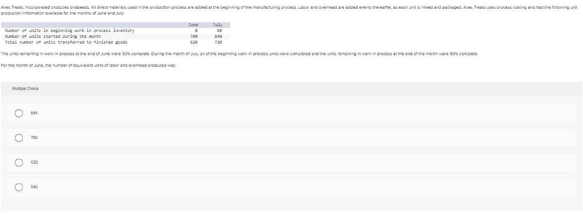 Aves Treats, Incorporated produces birdseeds. All direct materials used in the production process are added at the beginning of the manufacturing process. Labor and overhead are added evenly thereafter, as each unit is mixed and packaged. Aves Treats uses process costing and had the following unit
production information available for the months of June and July:
Number of units in beginning work in process inventory
Number of units started during the month
Total number of units transferred to finished goods
For the month of June, the number of equivalent units of labor and overhead produced was:
Multiple Choice
The units remaining in work in process at the end of June were 30% complete. During the month of July, all of the beginning work in process units were completed and the units remaining in work in process at the end of the month were 50% complete.
OOOO
644.
700.
620.
June
540
700
620
July
80
840
720