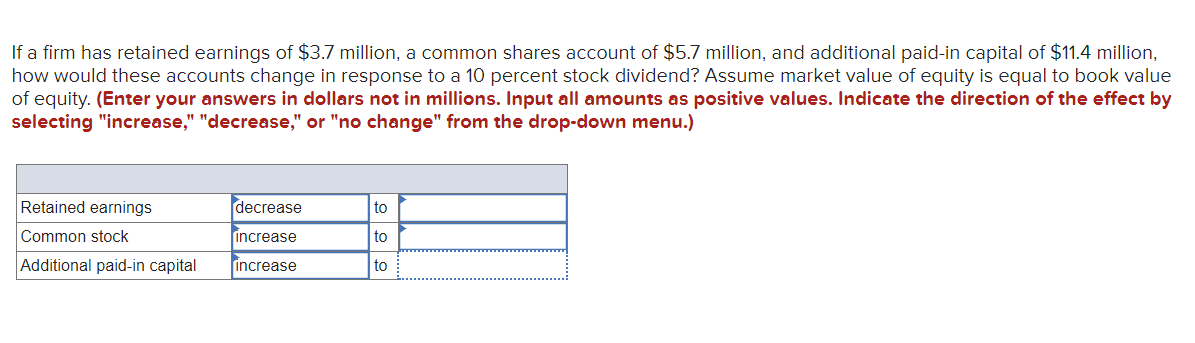 If a firm has retained earnings of $3.7 million, a common shares account of $5.7 million, and additional paid-in capital of $11.4 million,
how would these accounts change in response to a 10 percent stock dividend? Assume market value of equity is equal to book value
of equity. (Enter your answers in dollars not in millions. Input all amounts as positive values. Indicate the direction of the effect by
selecting "increase," "decrease," or "no change" from the drop-down menu.)
Retained earnings
Common stock
Additional paid-in capital
decrease
increase
increase
to
to
to