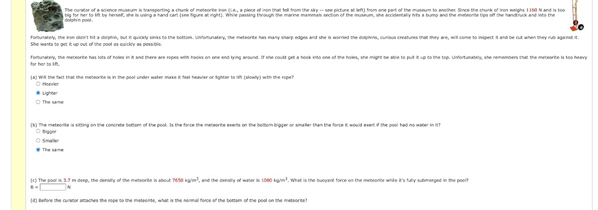 The curator of a science museum is transporting a chunk of meteorite iron (i.e., a piece of iron that fell from the sky -- see picture at left) from one part of the museum to another. Since the chunk of iron weighs 116O N and is too
big for her to lift
dolphin pool.
herself, she is using a hand cart (see figure at right). While passing through the marine mammals section of the museum, she accidentally hits a bump and the metecrite tips off the handtruck and into the
Fortunately, the iron didn't hit a dolphin, but it quickly sinks to the bottom. Unfortunately, the meteorite has many sharp edges and she is worried the dolphins, curious creatures that they are, will come
inspect it and be cut when they rub against it.
She wants to get it up out of the pool as quickly as possible.
Fortunately, the meteorite has lots of holes in it and there are ropes with hooks on one end lying around. If she could get a hook into one of the holes, she might be able to pull it up to the top. Unfortunately, she remembers that the meteorite
too heavy
for her to lift.
(a) Will the fact that the meteorite is in the pool under water make it feel heavier or lighter to lift (slowly) with the rope?
O Heavier
O Lighter
O The same
(b) The meteorite is sitting on the concrete bottom of the popl, Is the force the meteorite exerts on the bottom bjgger or smaller than the force it would exert if the pool had no water in it?
O Bigger
O Smaller
O The same
(C) The pool is 3.7 m deep, the density of the meteorite is about 7650 kg/m, and the density of water is 1000 kg/m. What is the buoyant force on the meteorite while it's fully submerged in the pool?
B=
N
(d) Before the curator attaches the rope to the meteorite, what is the normal force of the bottom of the pool on the meteorite?
