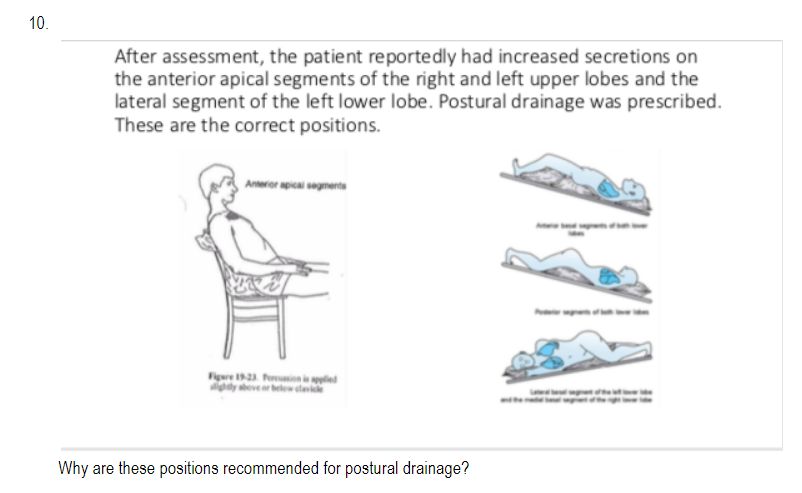 10.
After assessment, the patient reportedly had increased secretions on
the anterior apical segments of the right and left upper lobes and the
lateral segment of the left lower lobe. Postural drainage was prescribed.
These are the correct positions.
Aneror apical segments
Figure 19 inyled
y ve er belew dlevie
Why are these positions recommended for postural drainage?
