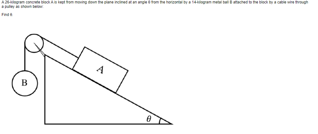 A 26-kilogram concrete block A is kept from moving down the plane inclined at an angle e from the horizontal by a 14-kilogram metal ball B attached to the block by a cable wire through
a pulley as shown below:
Find e
А
B
