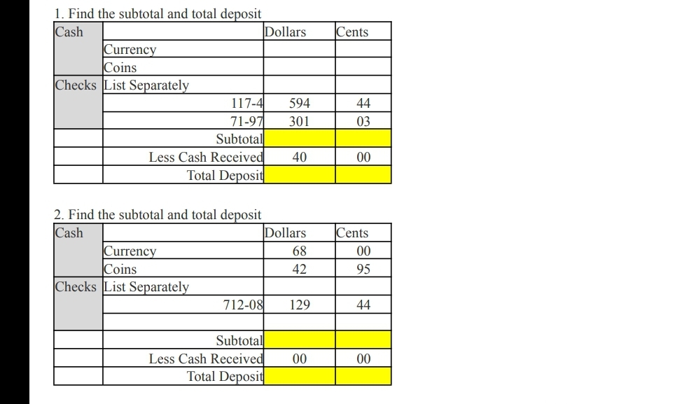 1. Find the subtotal and total deposit
Cash
Currency
Coins
Checks List Separately
117-4 594
71-97
301
Subtotal
Less Cash Received
Total Deposit
2. Find the subtotal and total deposit
Cash
Currency
Coins
Checks List Separately
712-08
Dollars
Subtotal
Less Cash Received
Total Deposit
40
Dollars
68
42
129
00
Cents
44
03
00
Cents
00
95
44
00