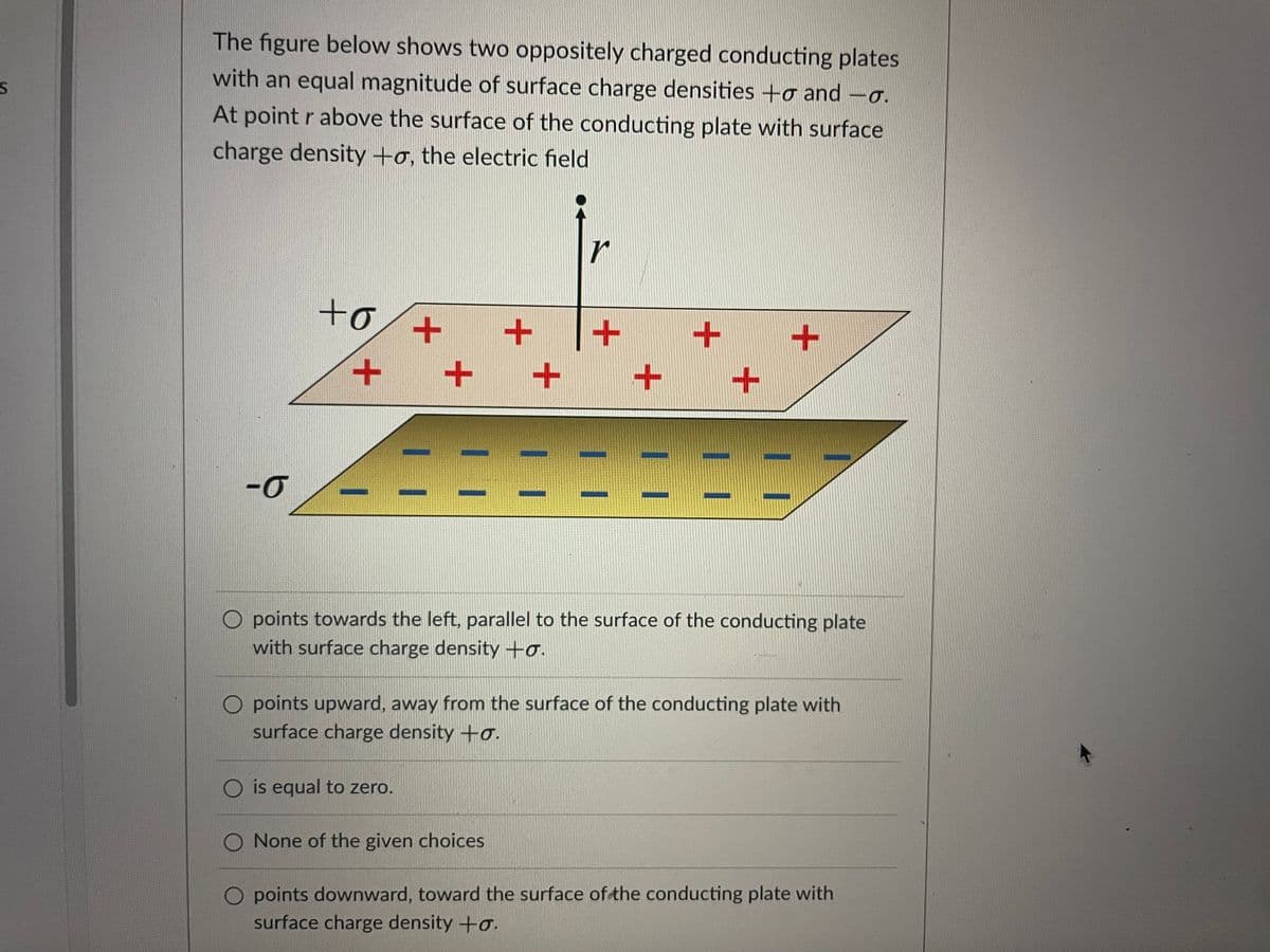 The figure below shows two oppositely charged conducting plates
with an equal magnitude of surface charge densities +o and -o.
At point r above the surface of the conducting plate with surface
charge density +ơ, the electric field
to/+
points towards the left, parallel to the surface of the conducting plate
with surface charge density +o.
O points upward, away from the surface of the conducting plate with
surface charge density +o.
O is equal to zero.
O None of the given choices
O points downward, toward the surface of the conducting plate with
surface charge density +o.
