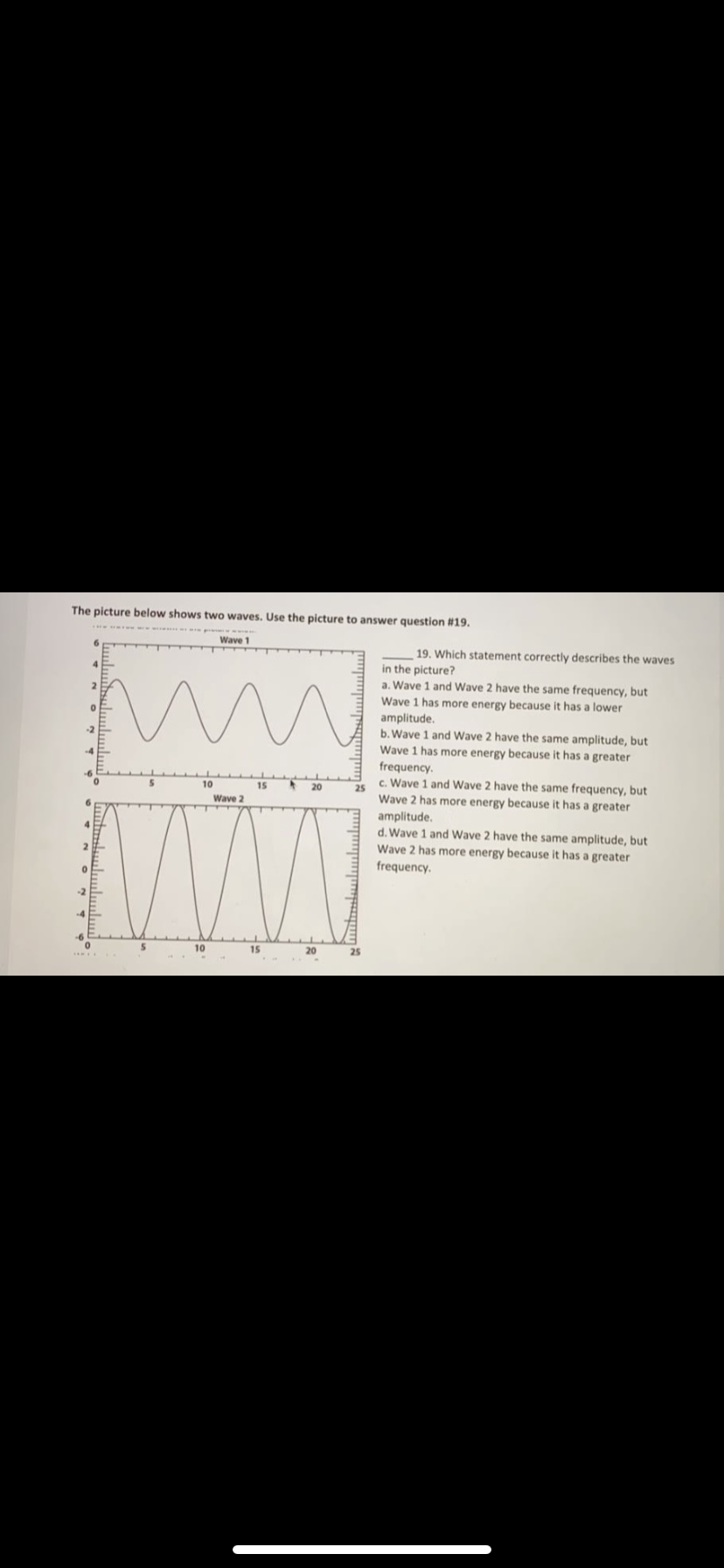 The picture below shows two waves. Use the picture to answer question #19.
Wave 1
19. Which statement correctly describes the waves
in the picture?
a. Wave 1 and Wave 2 have the same frequency, but
Wave 1 has more energy because it has a lower
amplitude.
b. Wave 1 and Wave 2 have the same amplitude, but
Wave 1 has more energy because it has a greater
-2
-4
frequency.
c. Wave 1 and Wave 2 have the same frequency, but
10
15
20
Wave 2
Wave 2 has more energy because it has a greater
amplitude.
d. Wave 1 and Wave 2 have the same amplitude, but
Wave 2 has more energy because it has a greater
frequency.
-2
10
15
20
25
