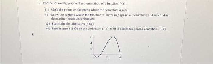 9. For the following graphical representation of a function f(x):
(1) Mark the points on the graph where the derivative is zero;
(2) Show the regions where the function is increasing (positive derivative) and where it is
decreasing (negative derivative);
(3) Sketch the first derivative f'(x):
(4) Repeat steps (1)-(3) on the derivative f'(x) itself to sketch the second derivative f"(x),
6
4
2
2