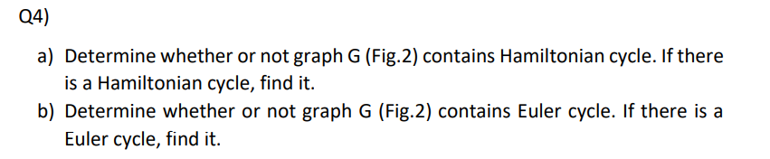 Q4)
a) Determine whether or not graph G (Fig.2) contains Hamiltonian cycle. If there
is a Hamiltonian cycle, find it.
b) Determine whether or not graph G (Fig.2) contains Euler cycle. If there is a
Euler cycle, find it.