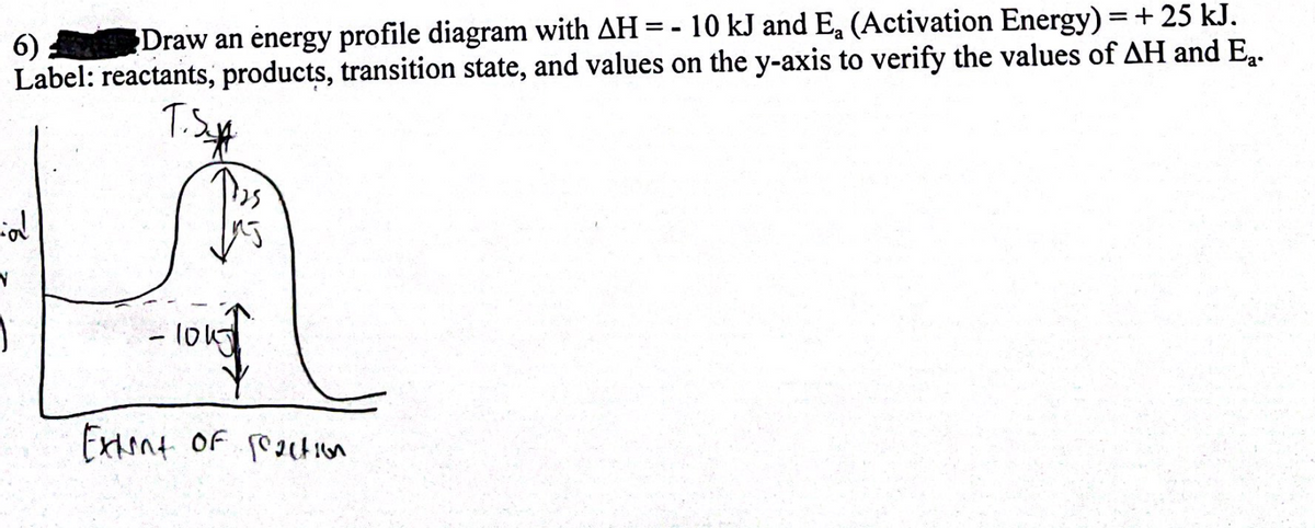 a
6) Draw an energy profile diagram with AH = - 10 kJ and E₂ (Activation Energy) = + 25 kJ.
Label: reactants, products, transition state, and values on the y-axis to verify the values of AH and E₂.
T.S.
ial
N
J
Pass
10kg
Extint of reaction