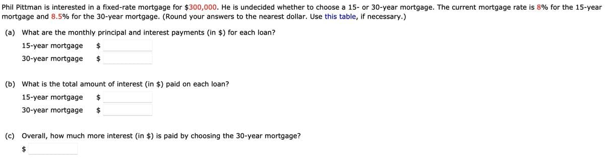 Phil Pittman is interested in a fixed-rate mortgage for $300,000. He is undecided whether to choose a 15- or 30-year mortgage. The current mortgage rate is 8% for the 15-year
mortgage and 8.5% for the 30-year mortgage. (Round your answers to the nearest dollar. Use this table, if necessary.)
(a) What are the monthly principal and interest payments (in $) for each loan?
15-year mortgage $
30-year mortgage
(b) What is the total amount of interest (in $) paid on each loan?
15-year mortgage $
30-year mortgage $
(c) Overall, how much more interest (in $) is paid by choosing the 30-year mortgage?