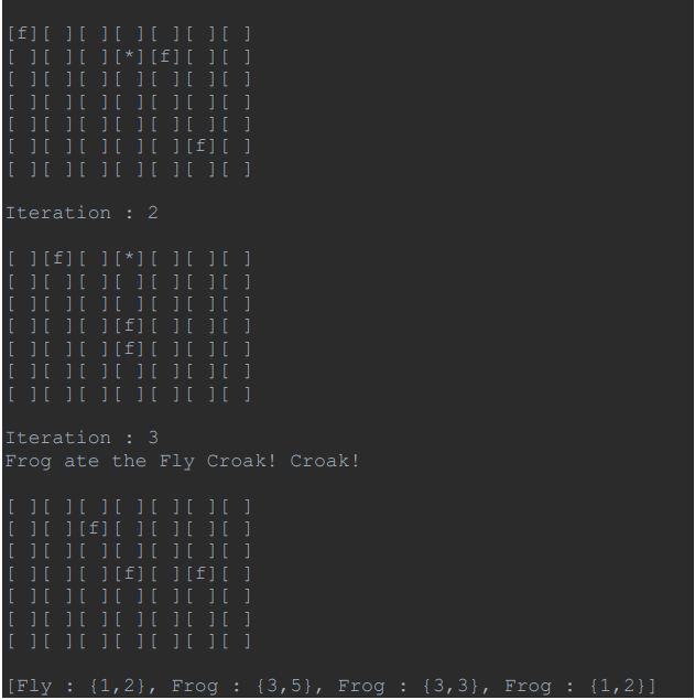 [f][ ][ ][ ][ ][ ][ ]
][ ][ ] [*] [f][ ][ ]
][ ][ ][ ][ ][ ][ ]
][ ][ ][ ][ ][ ][ ]
][ ][ ][ ][ ][ ][ ]
[ ][ ][ ][ ][ ][f][ ]
Iteration : 2
][f][ ][*][ ][U
][][ U O
[ ][ ][ ][ ][ IU
][ ][ ][f][ ][[ ]
[ ][ ][ ][f] [ ][ ][ ]
[ ][ ][ ][ ][ ][ ] ]
[][ ] ][ ][ UU
Iteration : 3
Frog ate the Fly Croak! Croak!
[ ][ ][ ][ ][ IU
[ ][ ] [f] [ ][ ][ ]
][ ][ ][ ][ ][ ][ ]
][ ][ ] [f] [ ][f][ ]
[ ][ ][ ][ ][ ][ ][ ]
[ ][ ][ ][ ][ ][ ][ ]
[ ][ ][ ][ ][ ]I]
[Fly : {1,2}, Frog : {3,5}, Frog : {3,3}, Frog : {1,2}]
