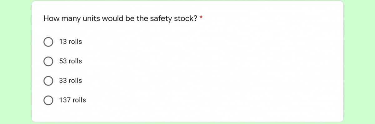 How many units would be the safety stock?
13 rolls
53 rolls
33 rolls
137 rolls
