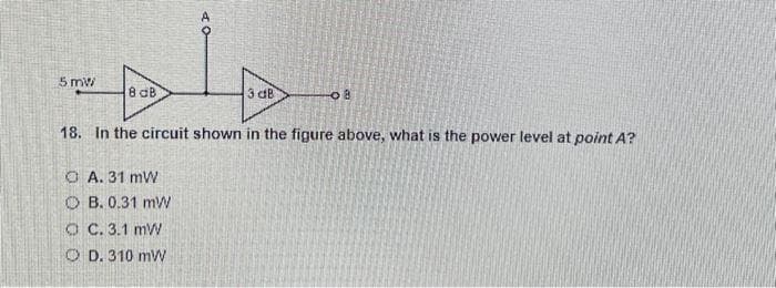 5 mW
8 dB
3 dB
OA. 31 mW
OB. 0.31 mW
OC. 3.1 mW
OD. 310 mW
08
18. In the circuit shown in the figure above, what is the power level at point A?