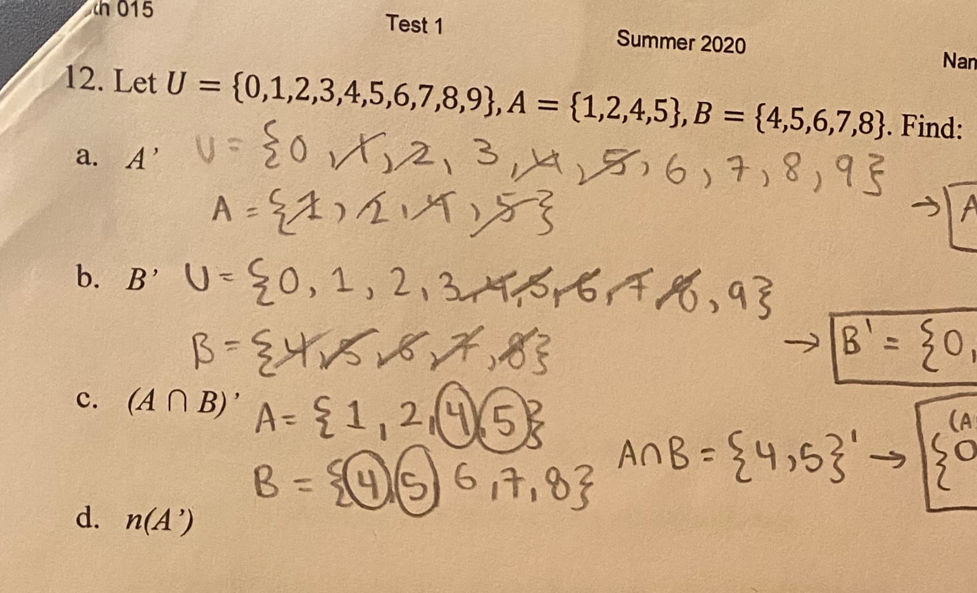 12. Let U = {0,1,2,3,4,5,6,7,8,9}, A = {1,2,4,5}, B = {4,5,6,7,8}. Find
%3D
