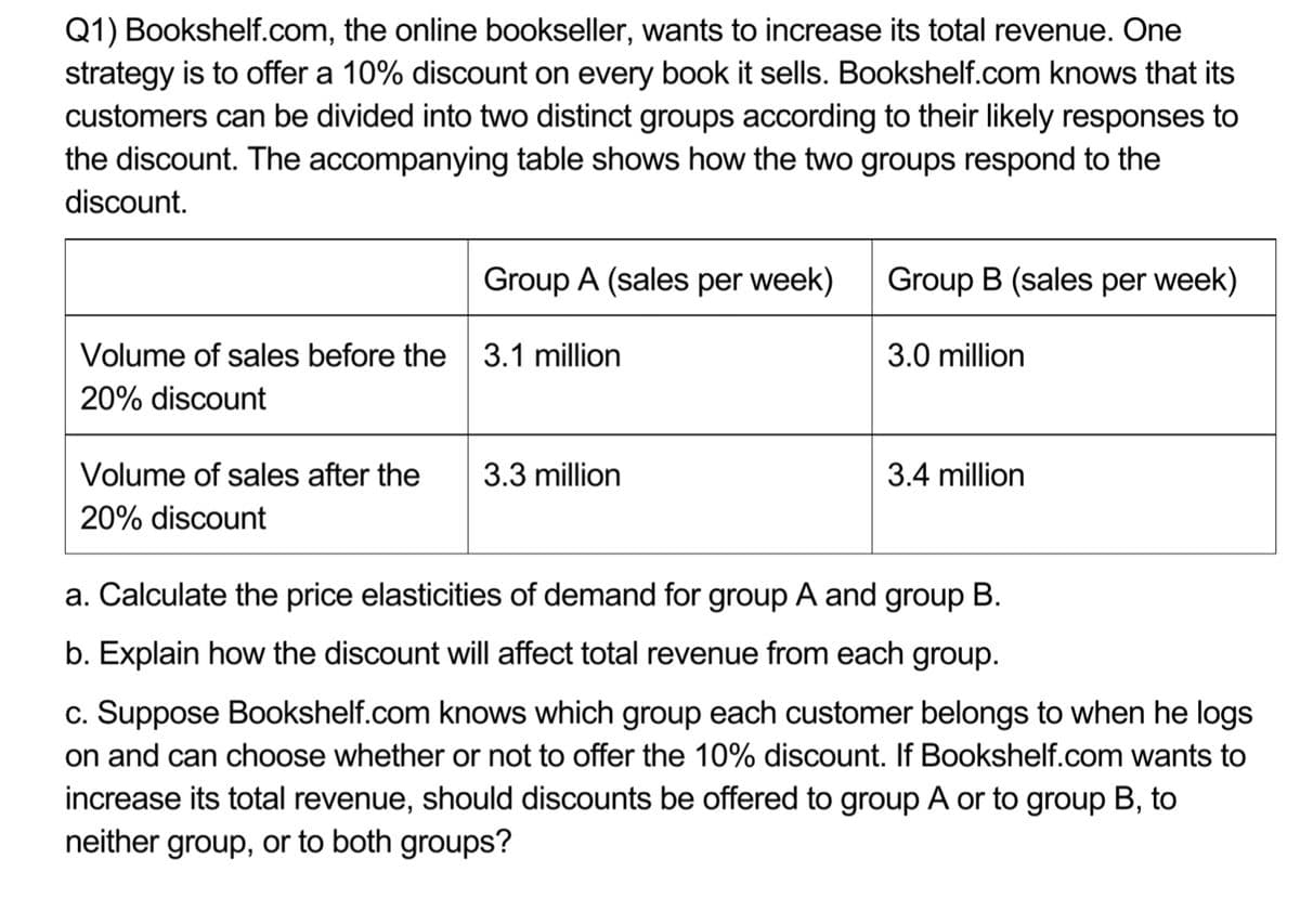 Q1) Bookshelf.com, the online bookseller, wants to increase its total revenue. One
strategy is to offer a 10% discount on every book it sells. Bookshelf.com knows that its
customers can be divided into two distinct groups according to their likely responses to
the discount. The accompanying table shows how the two groups respond to the
discount.
Volume of sales before the
20% discount
Group A (sales per week)
3.1 million
Volume of sales after the 3.3 million
20% discount
Group B (sales per week)
3.0 million
3.4 million
a. Calculate the price elasticities of demand for group A and group B.
b. Explain how the discount will affect total revenue from each group.
c. Suppose Bookshelf.com knows which group each customer belongs to when he logs
on and can choose whether or not to offer the 10% discount. If Bookshelf.com wants to
increase its total revenue, should discounts be offered to group A or to group B, to
neither group, or to both groups?