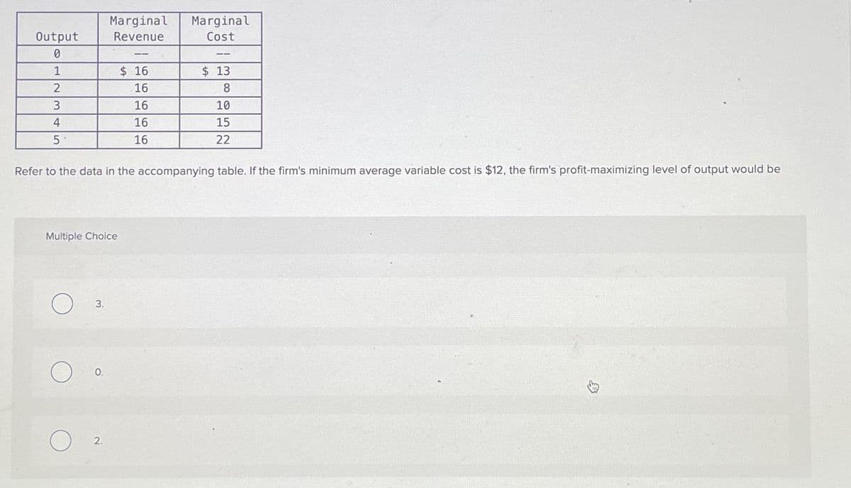 Output
1
2
3
4
5
Multiple Choice
O
O
Marginal
Revenue
3.
2.
$ 16
16
16
16
16
Refer to the data in the accompanying table. If the firm's minimum average variable cost is $12, the firm's profit-maximizing level of output would be
Marginal
Cost
11
$13
8
10
15
22
B