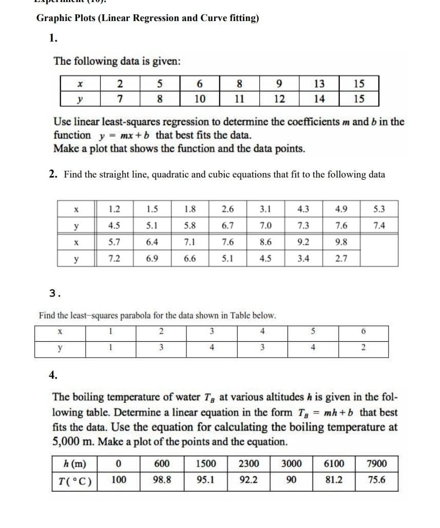 Graphic Plots (Linear Regression and Curve fitting)
1.
The following data is given:
2
5
6.
8.
9
13
15
y
7
8
10
11
12
14
15
Use linear least-squares regression to determine the coefficients m and b in the
function y = mx +b that best fits the data.
Make a plot that shows the function and the data points.
2. Find the straight line, quadratic and cubic equations that fit to the following data
X
1.2
1.5
1.8
2.6
3.1
4.3
4.9
5.3
y
4.5
5.1
5.8
6.7
7.0
7.3
7.6
7.4
X
5.7
6.4
7.1
7.6
8.6
9.2
9.8
y
7.2
6.9
6.6
5.1
4.5
3.4
2.7
3.
Find the least-squares parabola for the data shown in Table below.
X.
3
4
6
y
3
4
3
4
2
4.
The boiling temperature of water T, at various altitudes h is given in the fol-
lowing table. Determine a linear equation in the form T mh+b that best
fits the data. Use the equation for calculating the boiling temperature at
5,000 m. Make a plot of the points and the equation.
h (m)
600
1500
2300
3000
6100
7900
T(°C)
100
98.8
95.1
92.2
90
81.2
75.6
