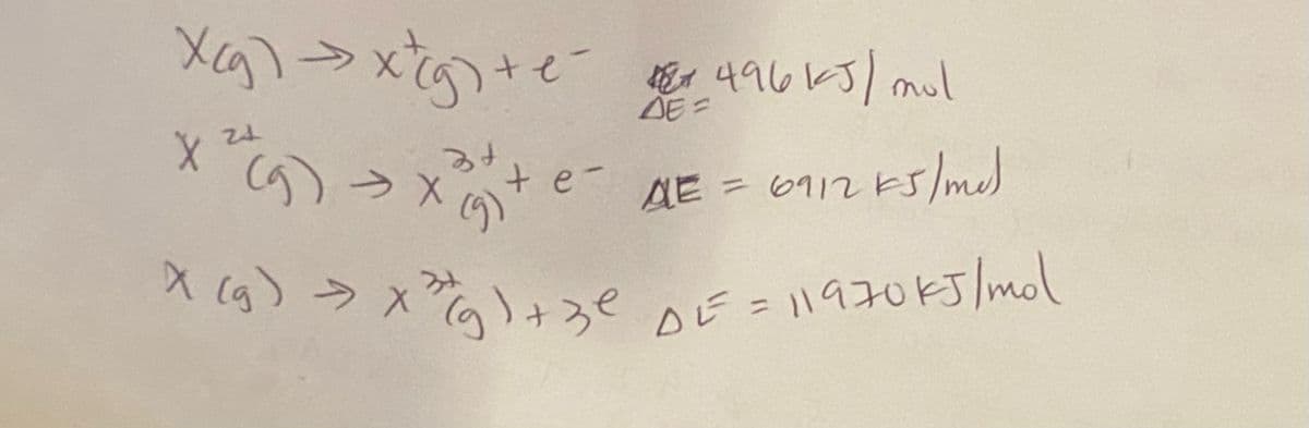 X () > ス+ろe oF=ハタ70K5lmol
Xg>xtの+で l
DE =
の)>x
の
* (g) > x)+ze nE=l1970k5/mol
e-
AE =
AE=D6912 K5/mel
(g)+3e
