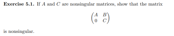 Exercise 5.1. If A and C are nonsingular matrices, show that the matrix
(A B
C,
is nonsingular.
